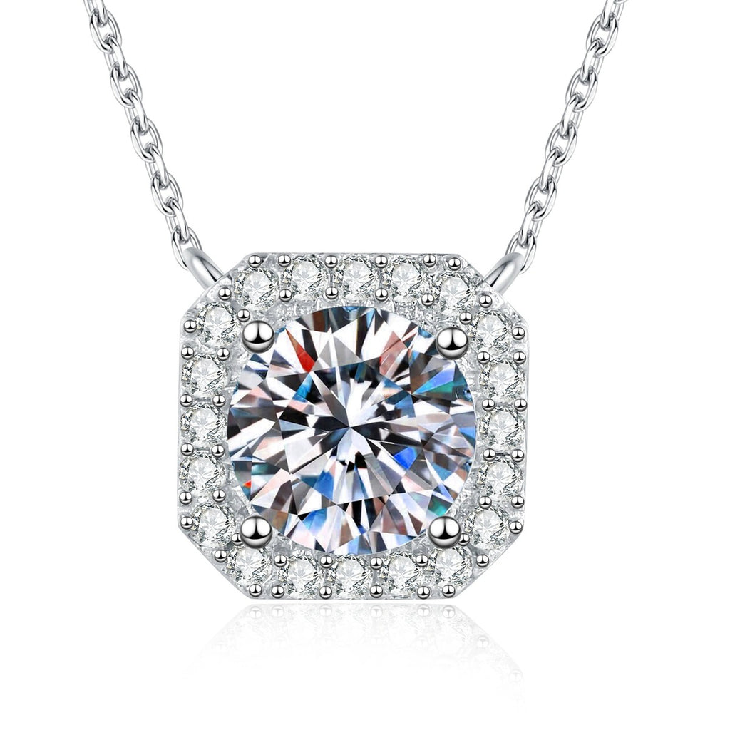 Cushion Moissanite Pendant Necklace with Cubic Zirconia in White Gold-Plated S925 Sterling Silver on clean white background showing the cushion halo pendant with a larger moissanite center