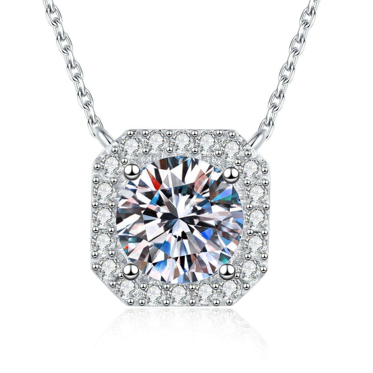 Cushion Moissanite Pendant Necklace with Cubic Zirconia in White Gold-Plated S925 Sterling Silver on clean white background showing the cushion halo pendant with a larger moissanite center