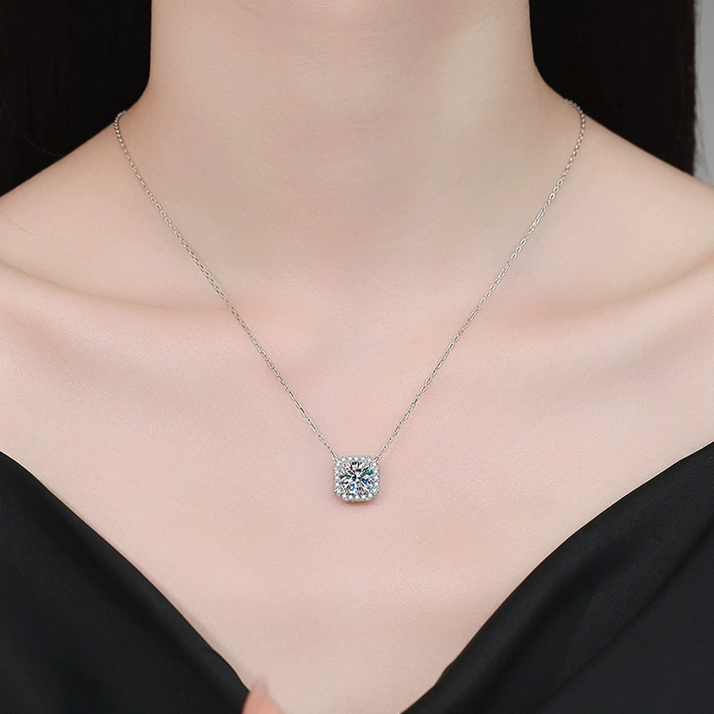 Cushion Moissanite Pendant Necklace with Cubic Zirconia in White Gold-Plated S925 Sterling Silver worn on neckline by model