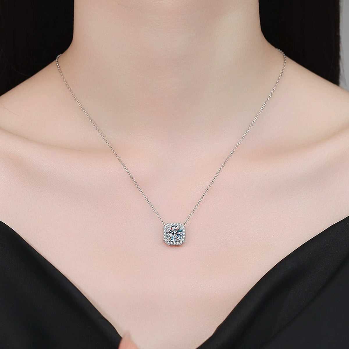 Cushion Moissanite Pendant Necklace with Cubic Zirconia in White Gold-Plated S925 Sterling Silver worn on neckline by model