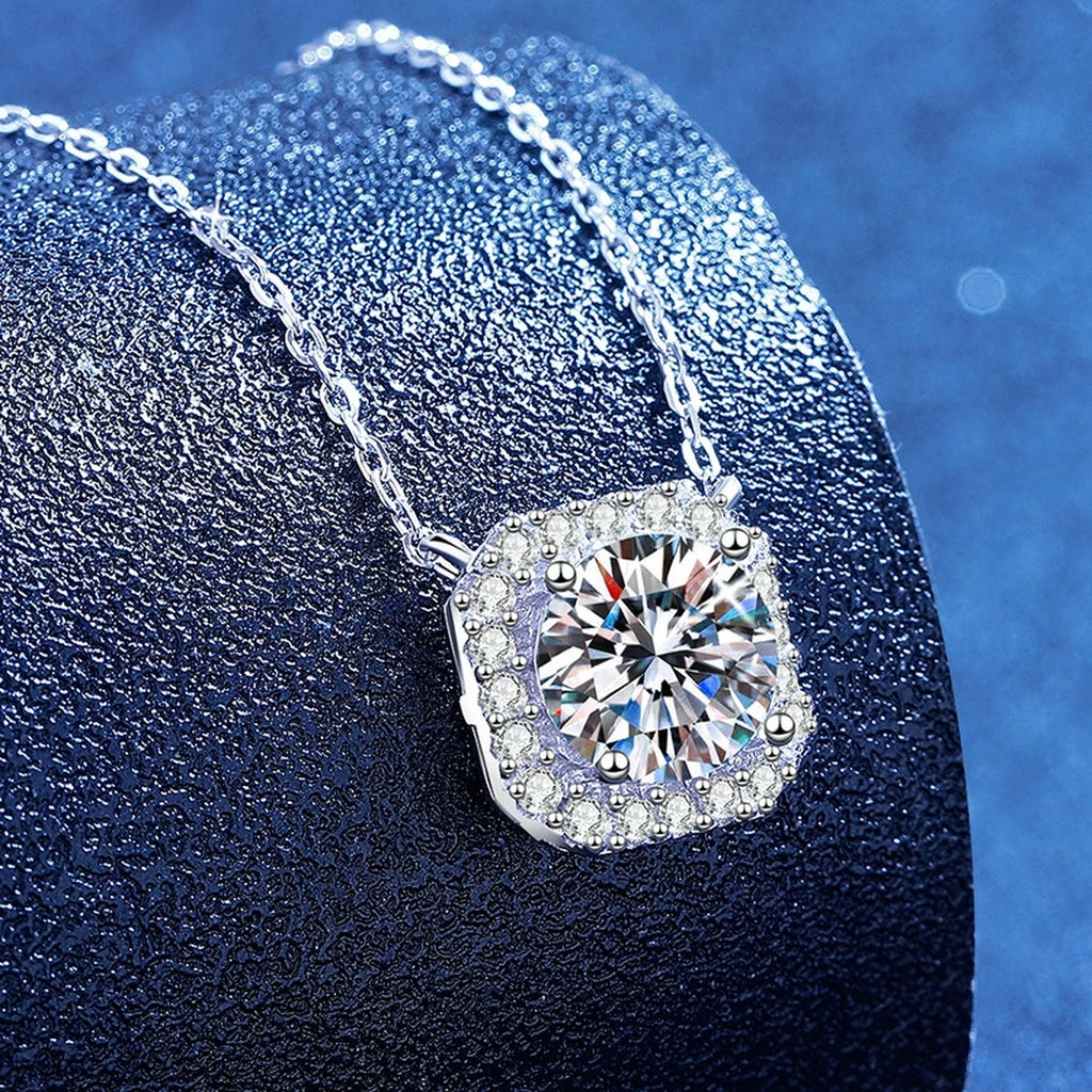Cushion Moissanite Pendant Necklace with Cubic Zirconia in White Gold-Plated S925 Sterling Silver blue background product view