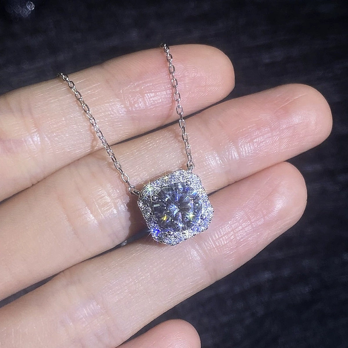Cushion Moissanite Pendant Necklace with Cubic Zirconia in White Gold-Plated S925 Sterling Silver close-up product detail view