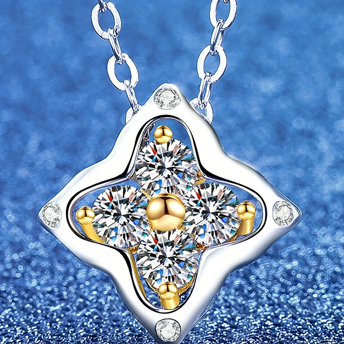Round Moissanite Pendant Necklace in S925 Sterling Silver blue background angled view