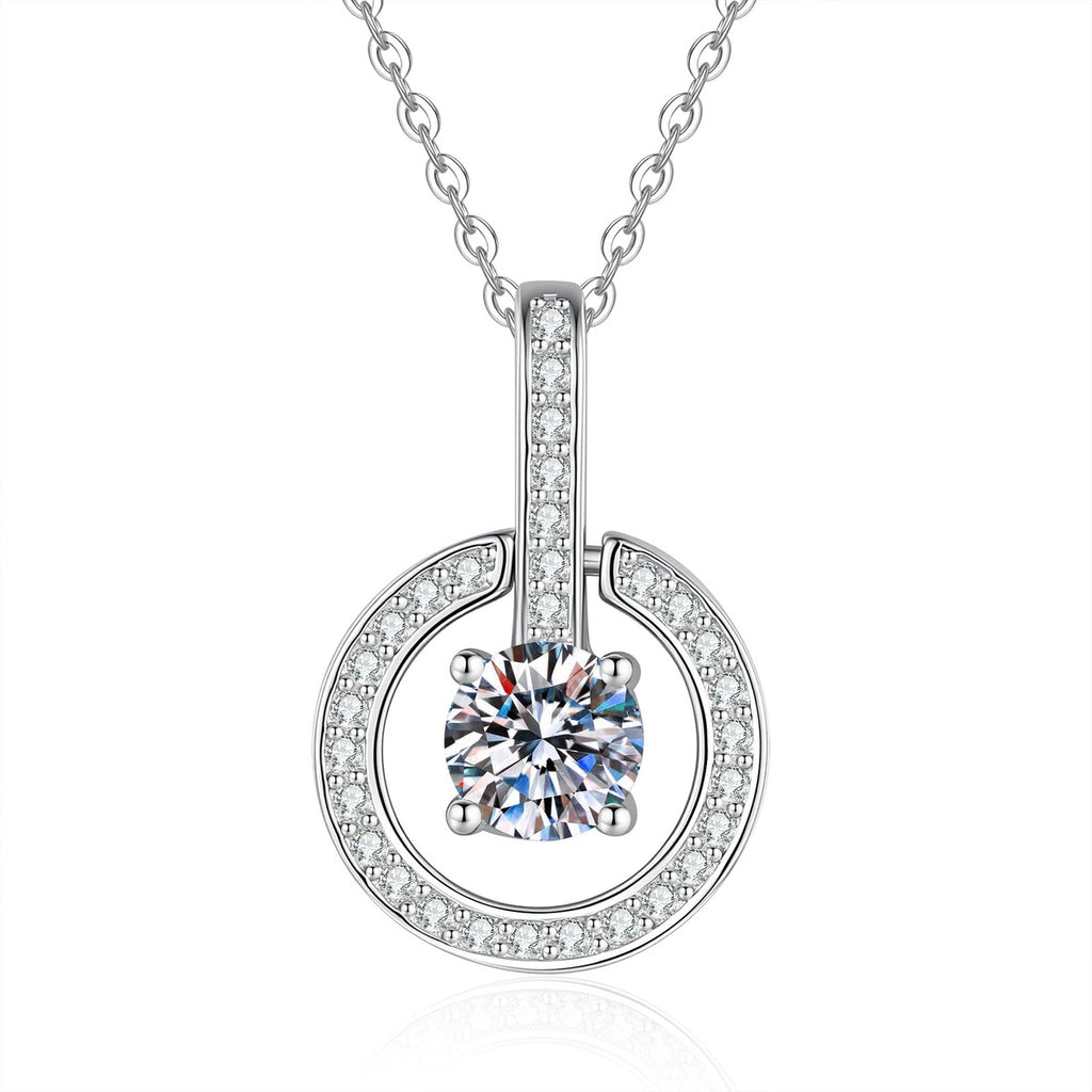 Round Moissanite Pendant Necklace with Cubic Zirconia in White Gold-Plated S925 Sterling Silver on clean white background showing the round moissanite pendant with cubic zirconia halo detail