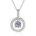 Round Moissanite Pendant Necklace with Cubic Zirconia in White Gold-Plated S925 Sterling Silver on clean white background showing the round moissanite pendant with cubic zirconia halo detail
