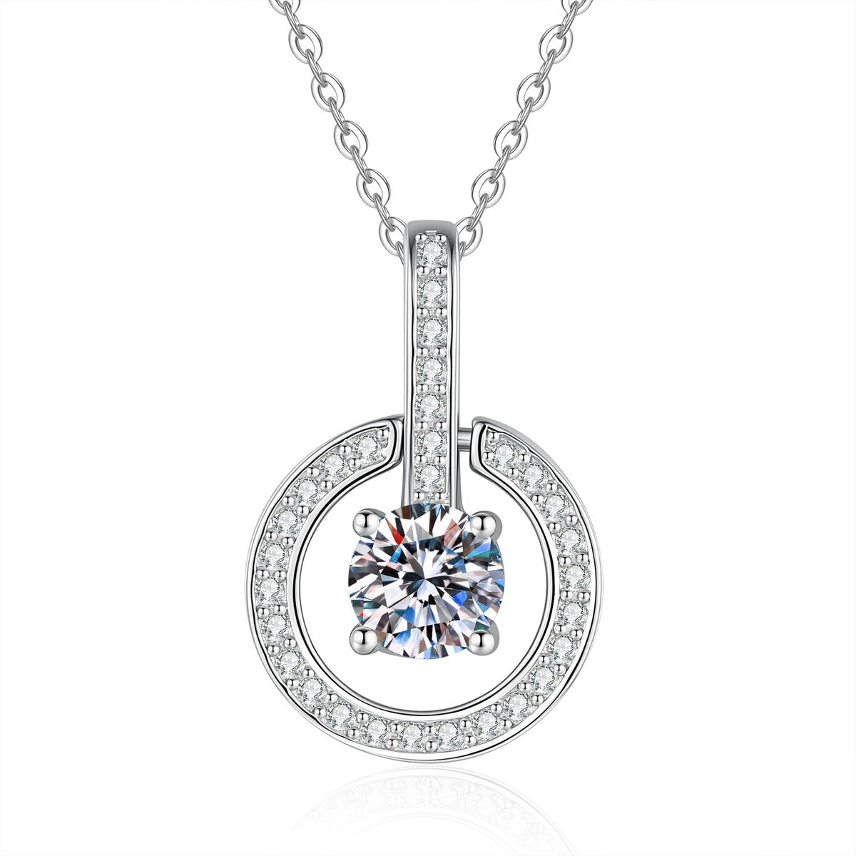 Round Moissanite Pendant Necklace with Cubic Zirconia in White Gold-Plated S925 Sterling Silver on clean white background showing the round moissanite pendant with cubic zirconia halo detail