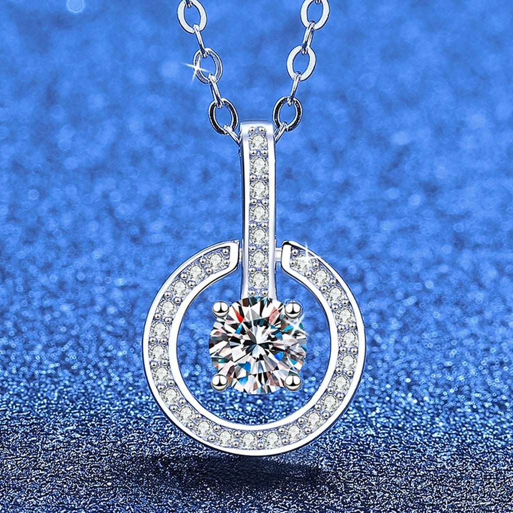 Round Moissanite Pendant Necklace with Cubic Zirconia in White Gold-Plated S925 Sterling Silver blue background product view