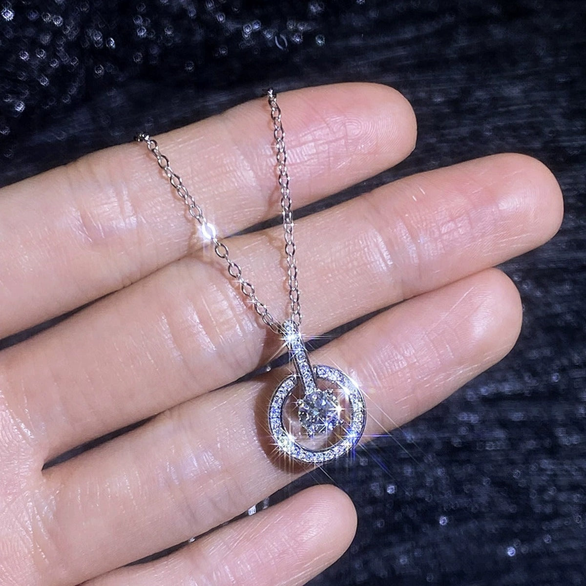 Round Moissanite Pendant Necklace with Cubic Zirconia in White Gold-Plated S925 Sterling Silver dark background product display view