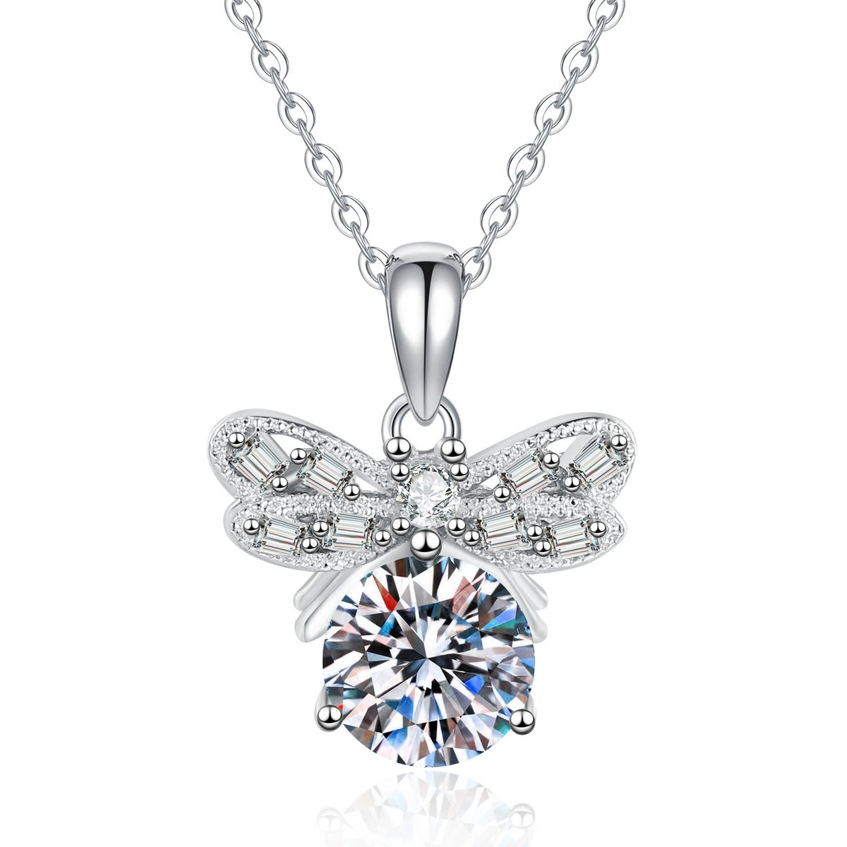 Round Moissanite Pendant Necklace with Cubic Zirconia in White Gold-Plated S925 Sterling Silver on clean white background showing the round moissanite pendant with a polished cubic zirconia frame