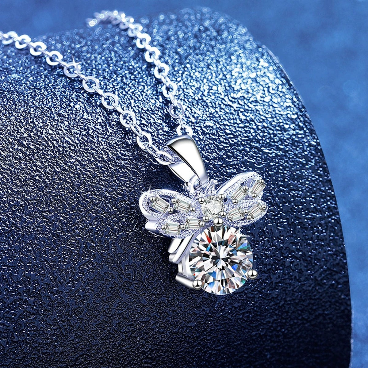 Round Moissanite Pendant Necklace with Cubic Zirconia in White Gold-Plated S925 Sterling Silver blue background product view