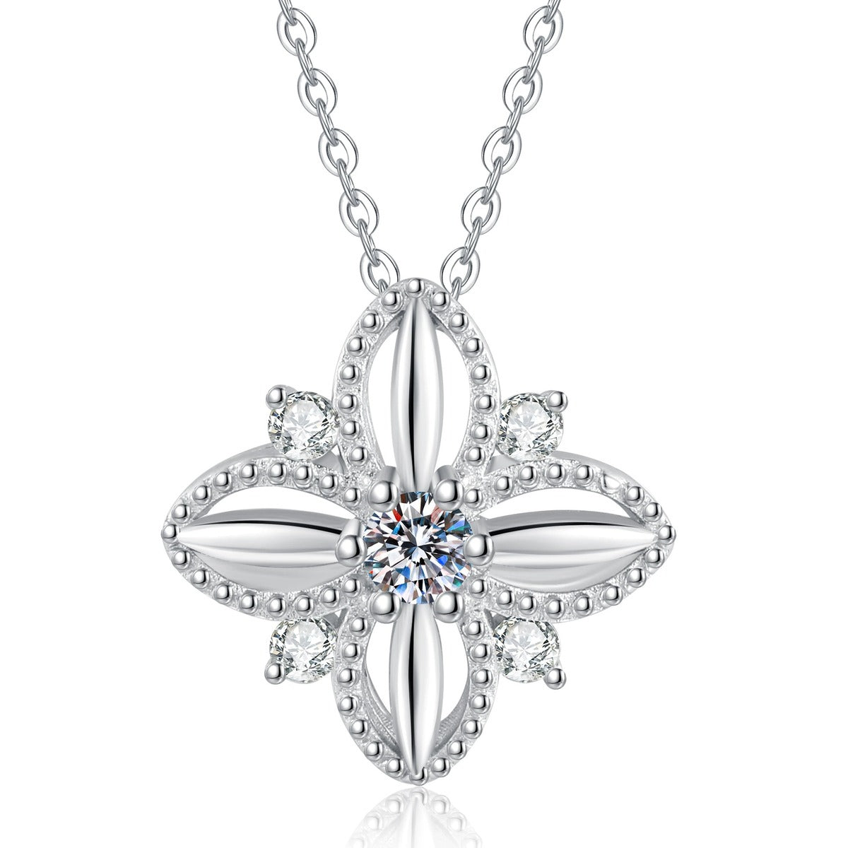 Petite Moissanite Pendant Necklace with Cubic Zirconia in White Gold-Plated S925 Sterling Silver on clean white background showing the petite moissanite pendant with cubic zirconia detail