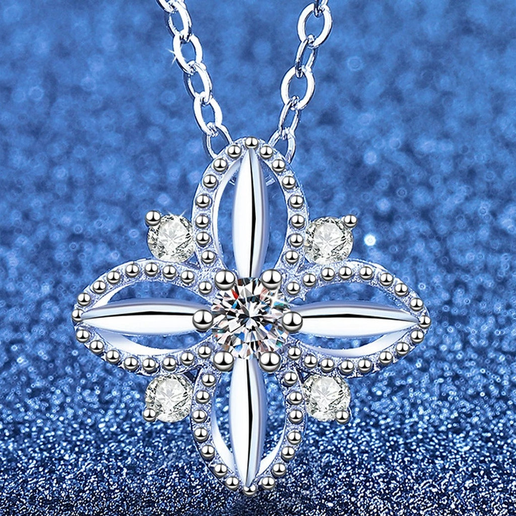 Petite Moissanite Pendant Necklace with Cubic Zirconia in White Gold-Plated S925 Sterling Silver blue background product view