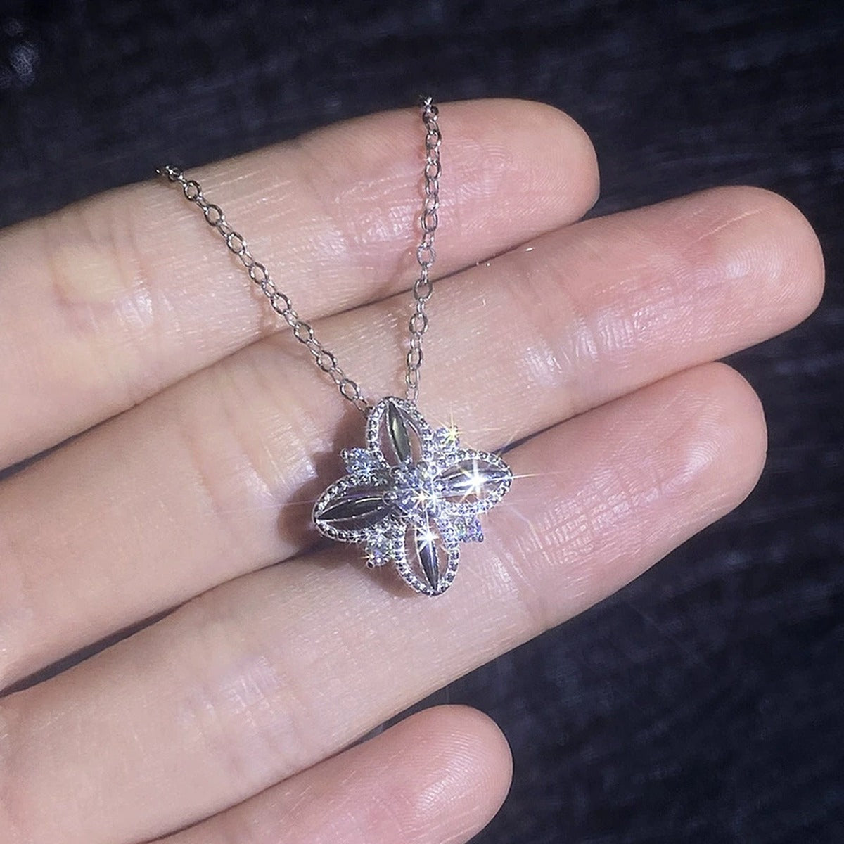 Petite Moissanite Pendant Necklace with Cubic Zirconia in White Gold-Plated S925 Sterling Silver close-up product detail view