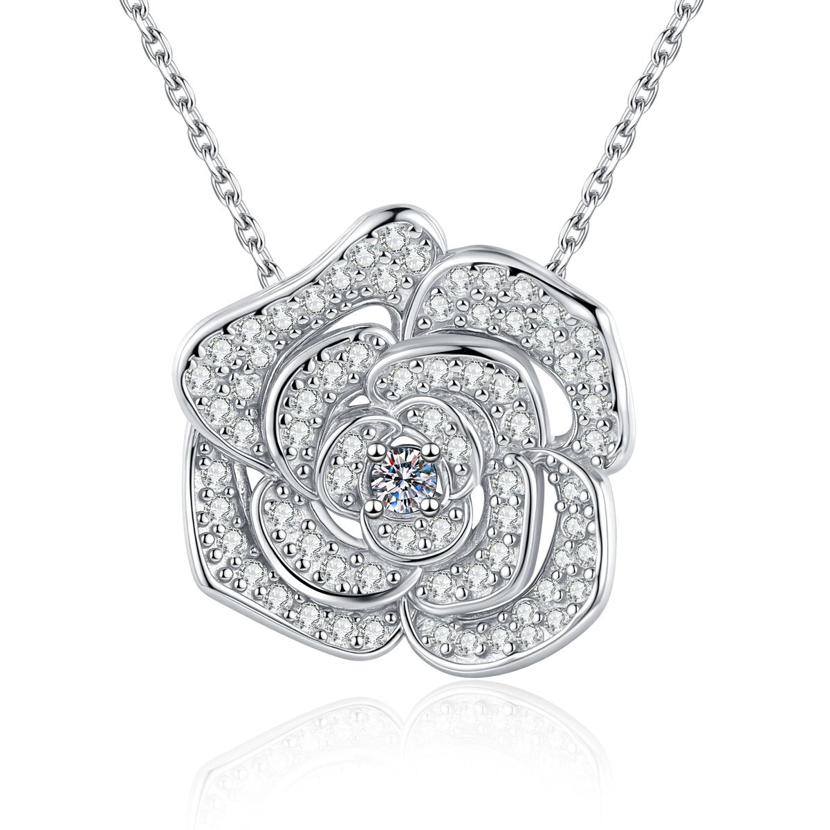 Pave Moissanite Pendant Necklace in White Gold-Plated S925 Sterling Silver on clean white background showing the pave moissanite pendant with a dimensional sparkling surface