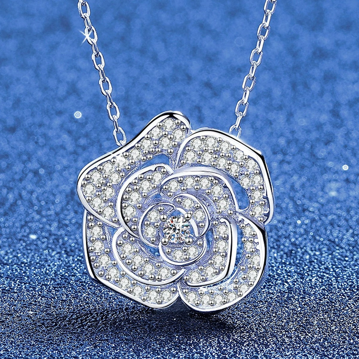 Pave Moissanite Pendant Necklace in White Gold-Plated S925 Sterling Silver blue background product view