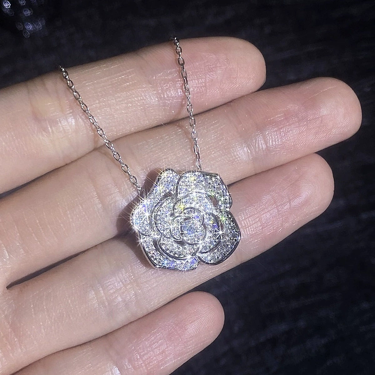 Pave Moissanite Pendant Necklace in White Gold-Plated S925 Sterling Silver close-up product detail view