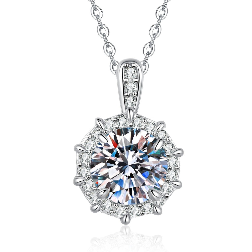 Round Moissanite Pendant Necklace with Cubic Zirconia in White Gold-Plated S925 Sterling Silver on clean white background showing the round moissanite pendant with slim cubic zirconia accents