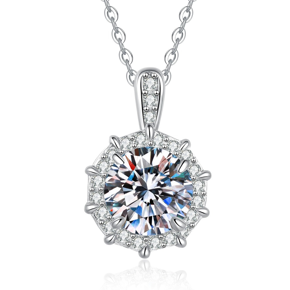 Round Moissanite Pendant Necklace with Cubic Zirconia in White Gold-Plated S925 Sterling Silver on clean white background showing the round moissanite pendant with slim cubic zirconia accents