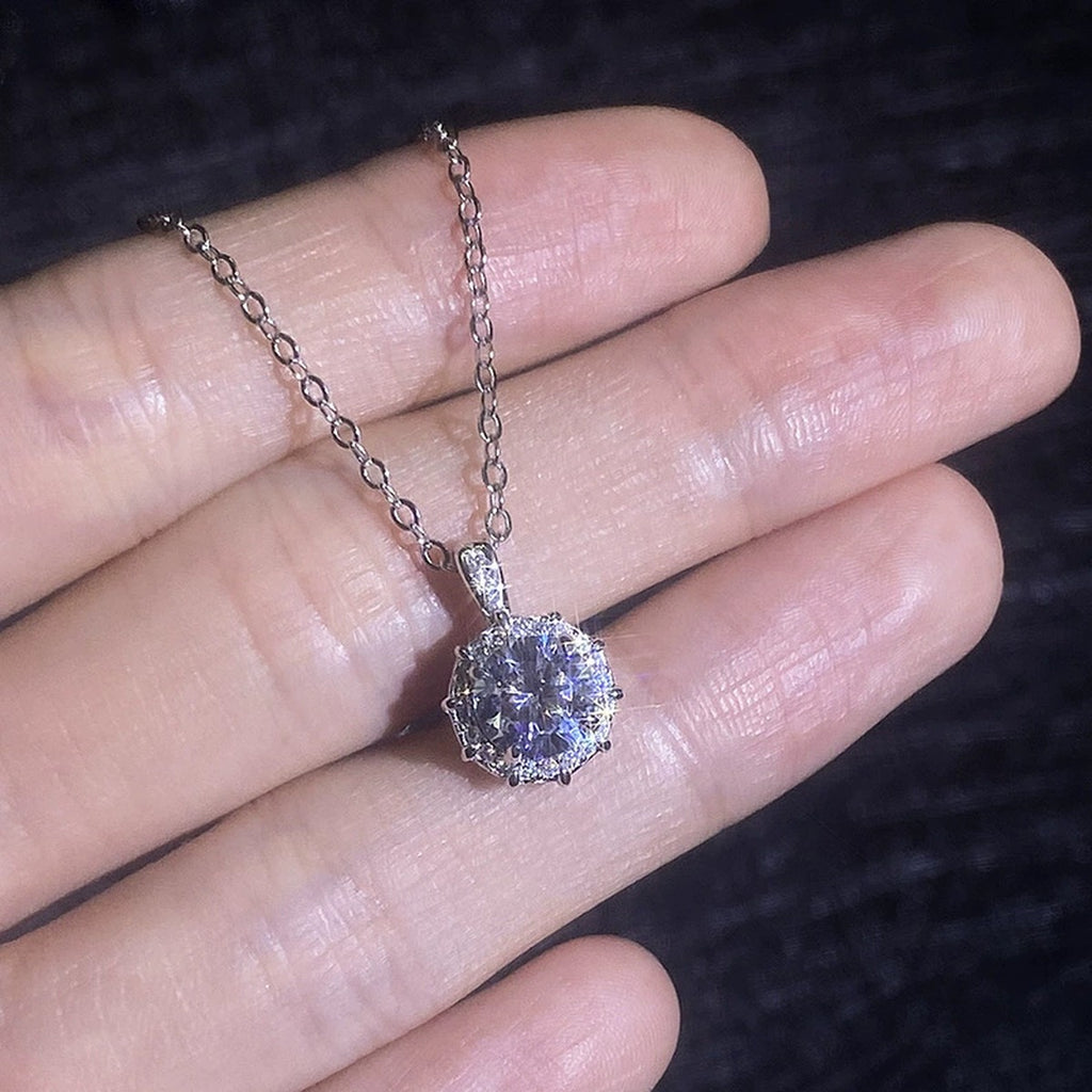 Round Moissanite Pendant Necklace with Cubic Zirconia in White Gold-Plated S925 Sterling Silver dark background product display view