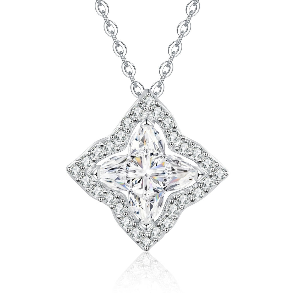Diamond-Shaped Moissanite Pendant Necklace with Cubic Zirconia in White Gold-Plated S925 Sterling Silver on clean white background showing the diamond-shaped pendant with round moissanite and cubic zirconia detail