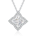 Diamond-Shaped Moissanite Pendant Necklace with Cubic Zirconia in White Gold-Plated S925 Sterling Silver on clean white background showing the diamond-shaped pendant with round moissanite and cubic zirconia detail