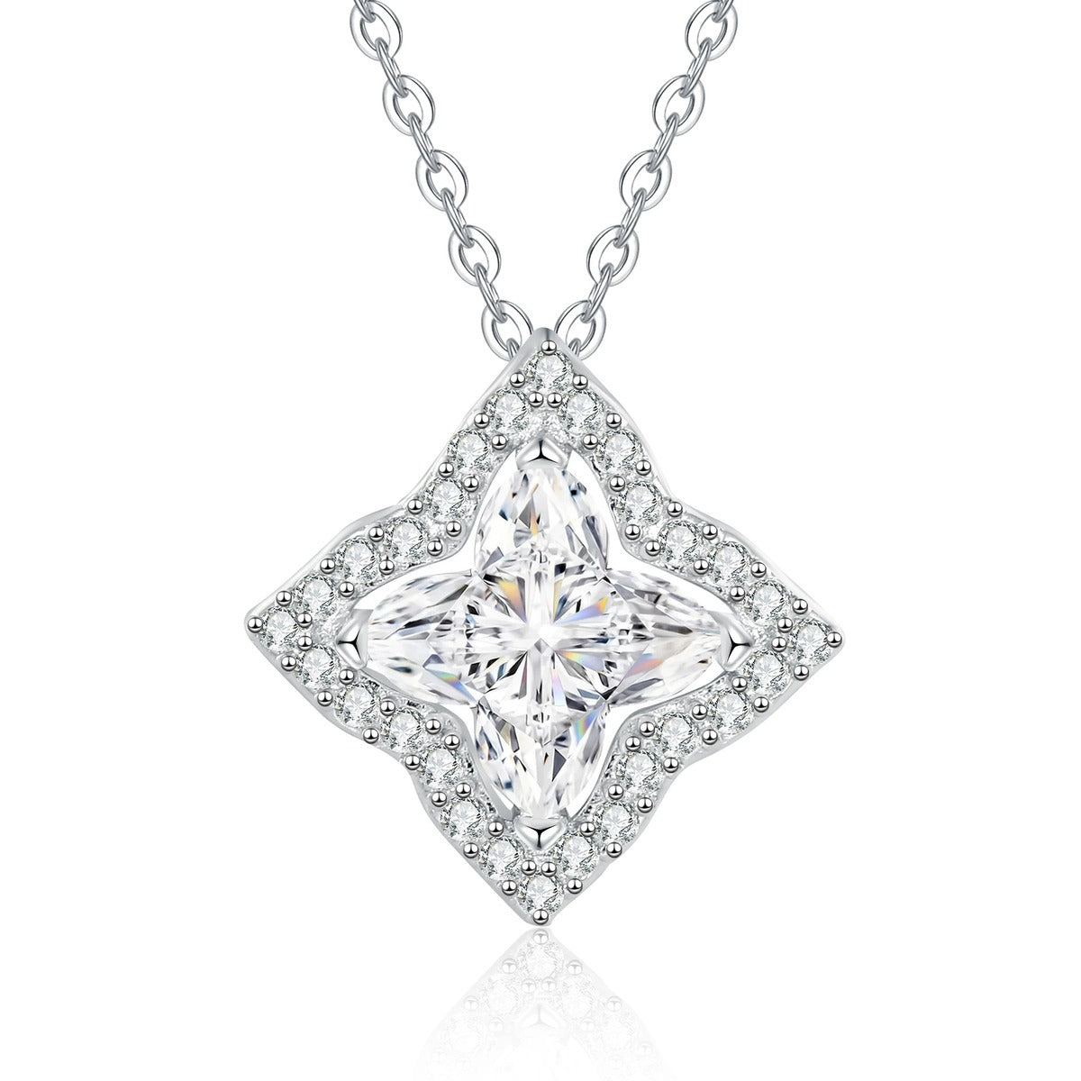 Diamond-Shaped Moissanite Pendant Necklace with Cubic Zirconia in White Gold-Plated S925 Sterling Silver on clean white background showing the diamond-shaped pendant with round moissanite and cubic zirconia detail