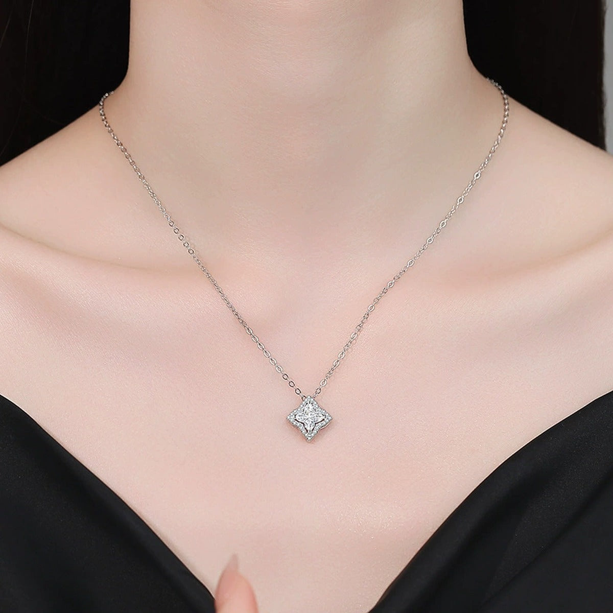 Diamond-Shaped Moissanite Pendant Necklace with Cubic Zirconia in White Gold-Plated S925 Sterling Silver worn on neckline by model