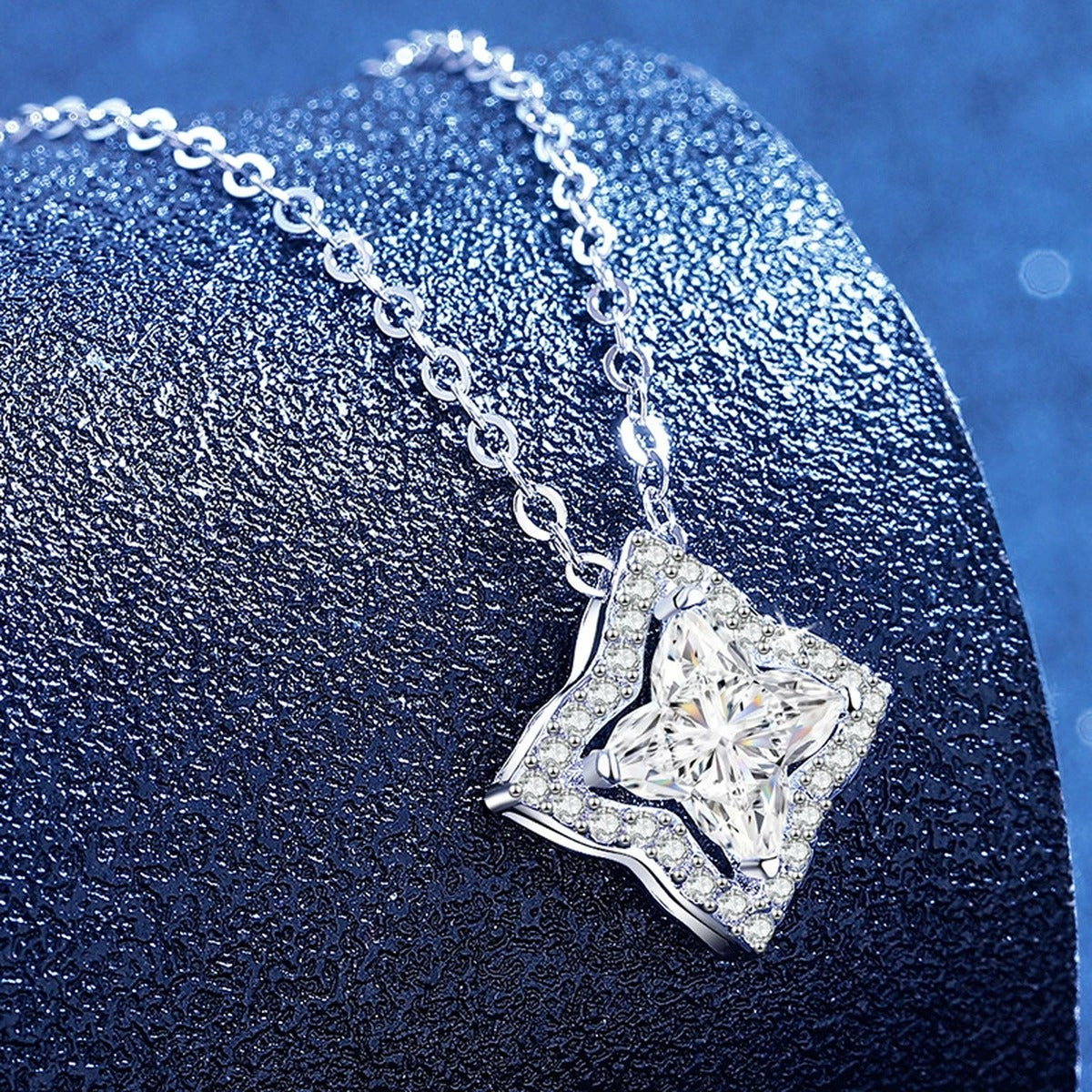 Diamond-Shaped Moissanite Pendant Necklace with Cubic Zirconia in White Gold-Plated S925 Sterling Silver blue background product view