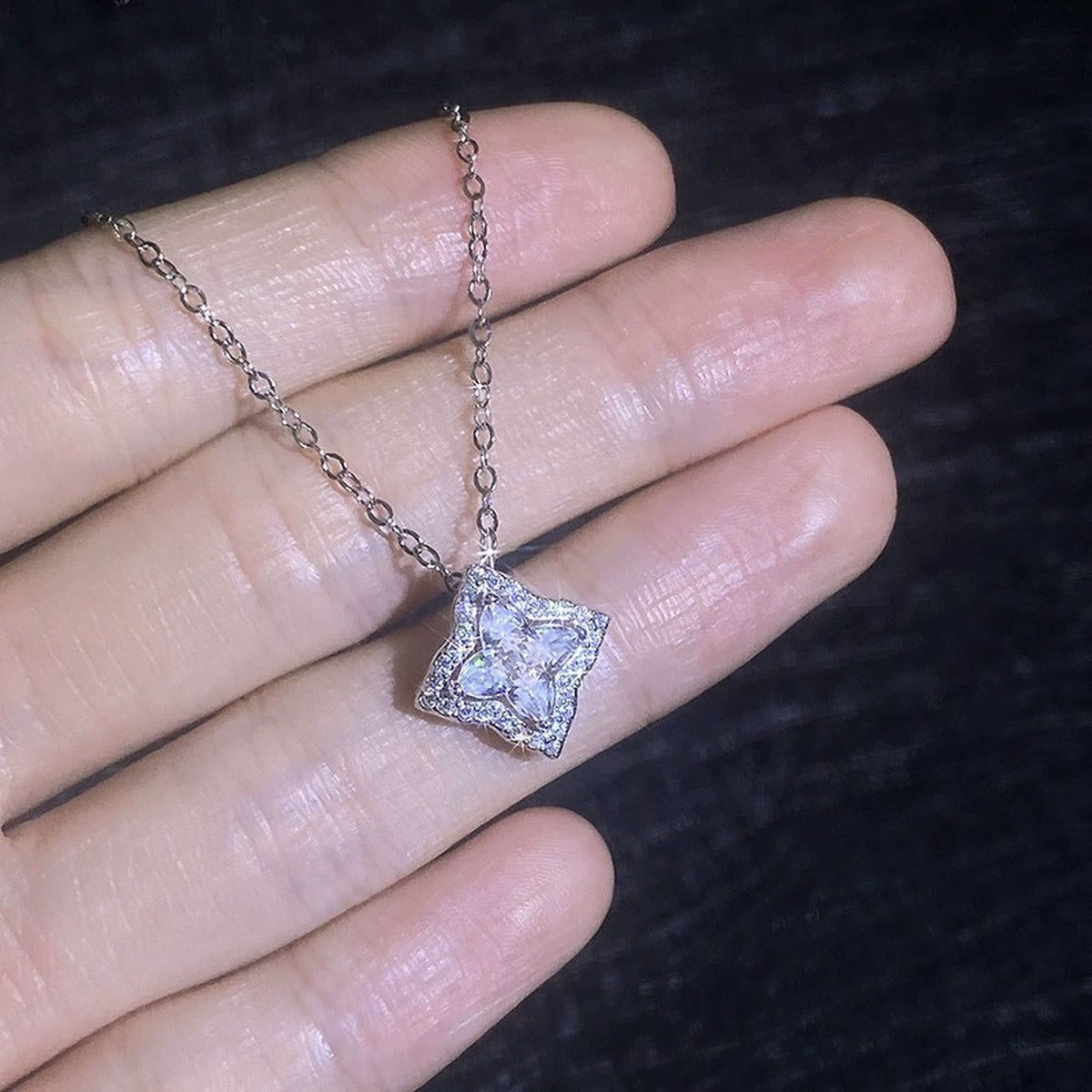 Diamond-Shaped Moissanite Pendant Necklace with Cubic Zirconia in White Gold-Plated S925 Sterling Silver dark background product display view