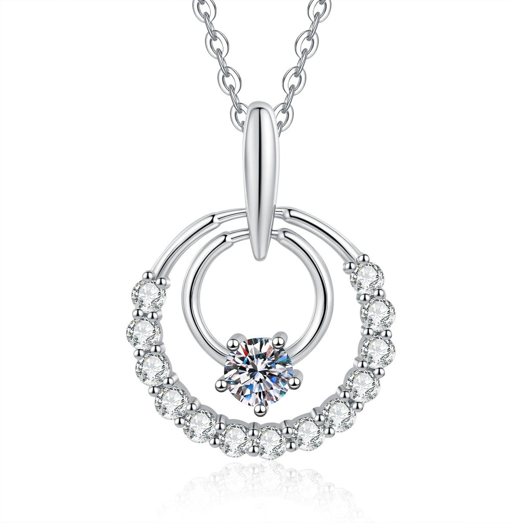 Circle Moissanite Pendant Necklace with Cubic Zirconia in White Gold-Plated S925 Sterling Silver on clean white background showing the open circle pendant with round moissanite and cubic zirconia sparkle