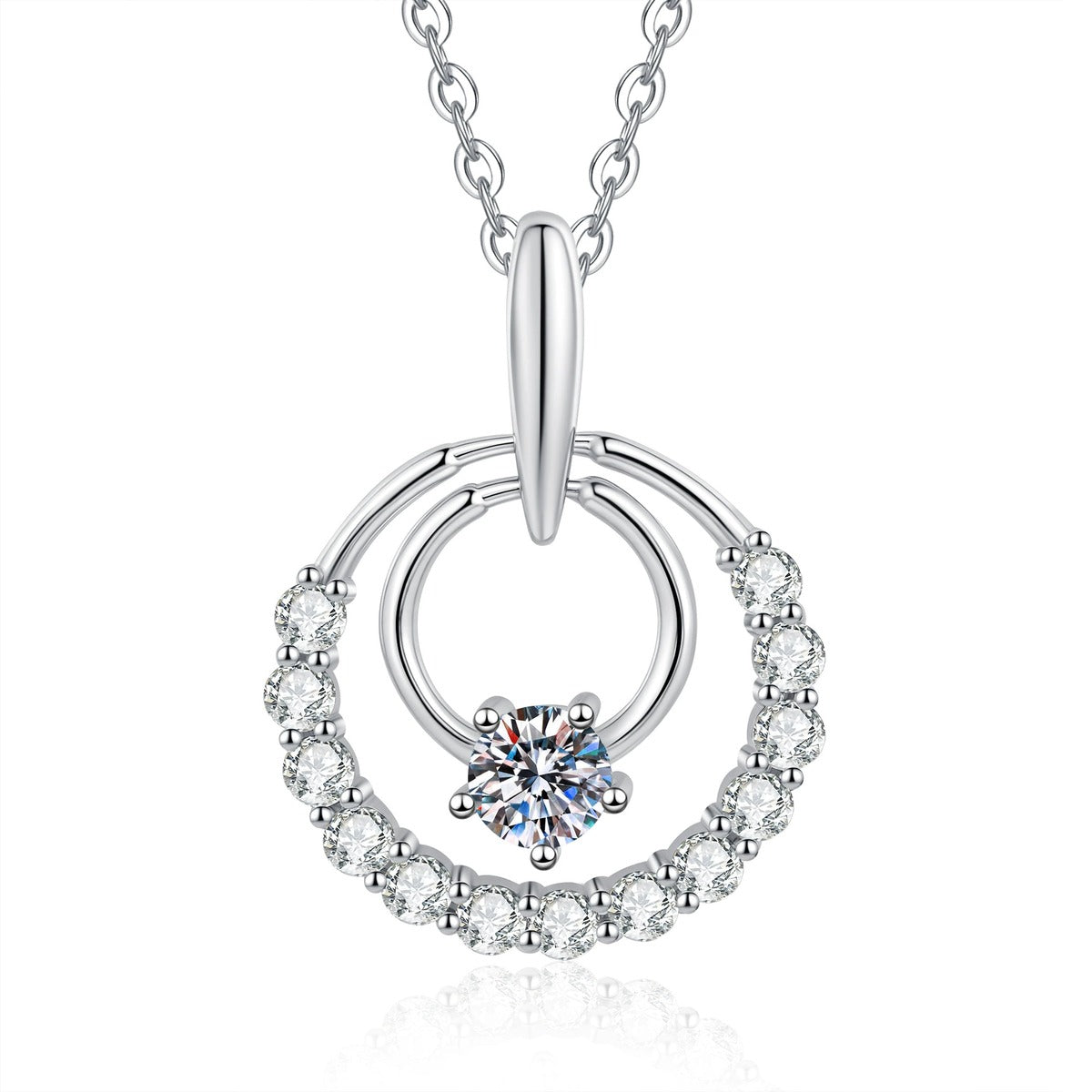 Circle Moissanite Pendant Necklace with Cubic Zirconia in White Gold-Plated S925 Sterling Silver on clean white background showing the open circle pendant with round moissanite and cubic zirconia sparkle