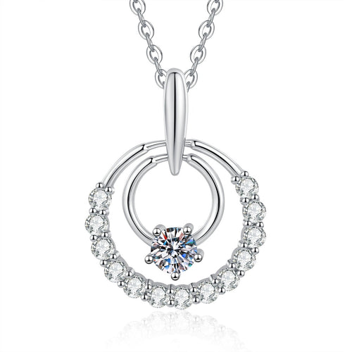 Circle Moissanite Pendant Necklace with Cubic Zirconia in White Gold-Plated S925 Sterling Silver on clean white background showing the open circle pendant with round moissanite and cubic zirconia sparkle