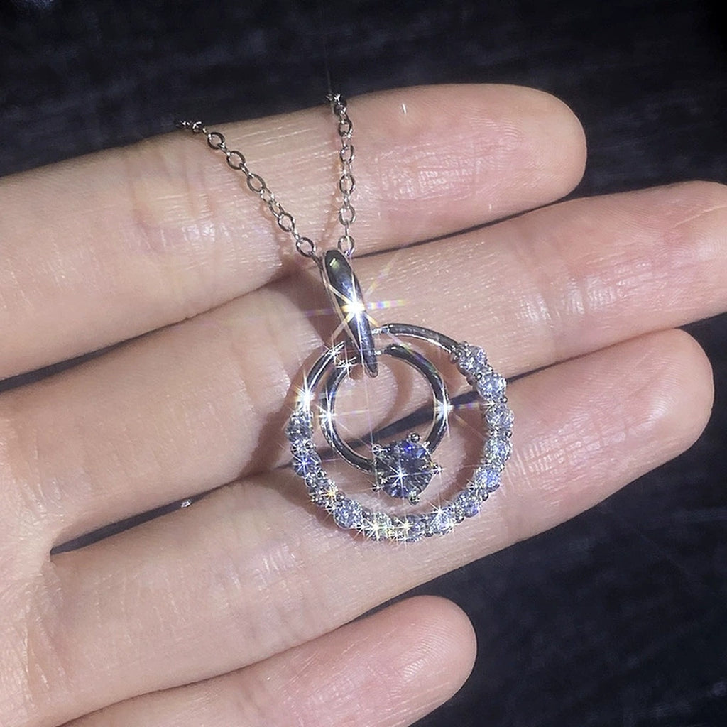 Circle Moissanite Pendant Necklace with Cubic Zirconia in White Gold-Plated S925 Sterling Silver close-up product detail view