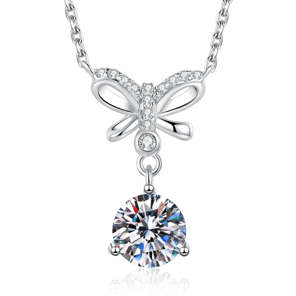 Platinum-plated S925 sterling silver bow round moissanite pendant necklace on white background