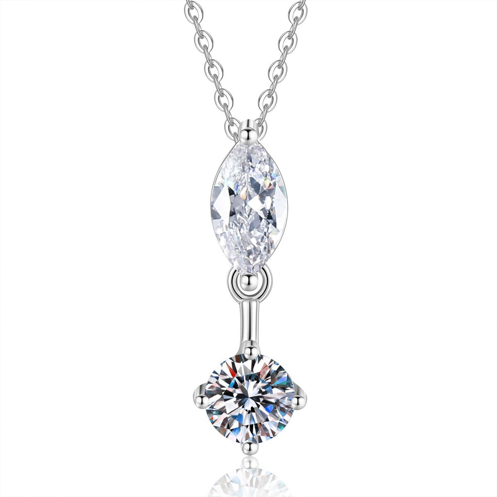 Platinum-plated S925 sterling silver marquise and round moissanite pendant necklace on white background