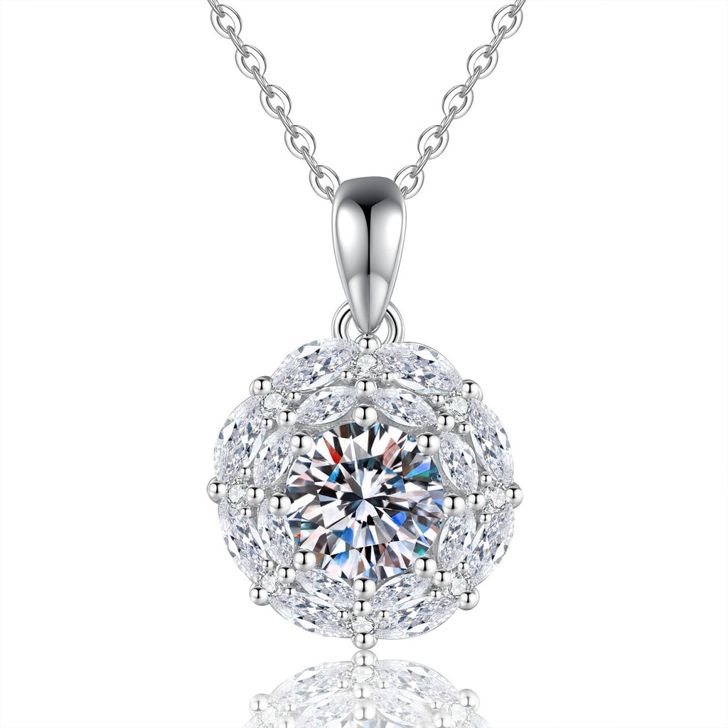 Round Moissanite Pendant Necklace with Cubic Zirconia in White Gold-Plated S925 Sterling Silver on clean white background showing the round moissanite pendant with a detailed cubic zirconia setting