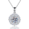 Round Moissanite Pendant Necklace with Cubic Zirconia in White Gold-Plated S925 Sterling Silver on clean white background showing the round moissanite pendant with a detailed cubic zirconia setting