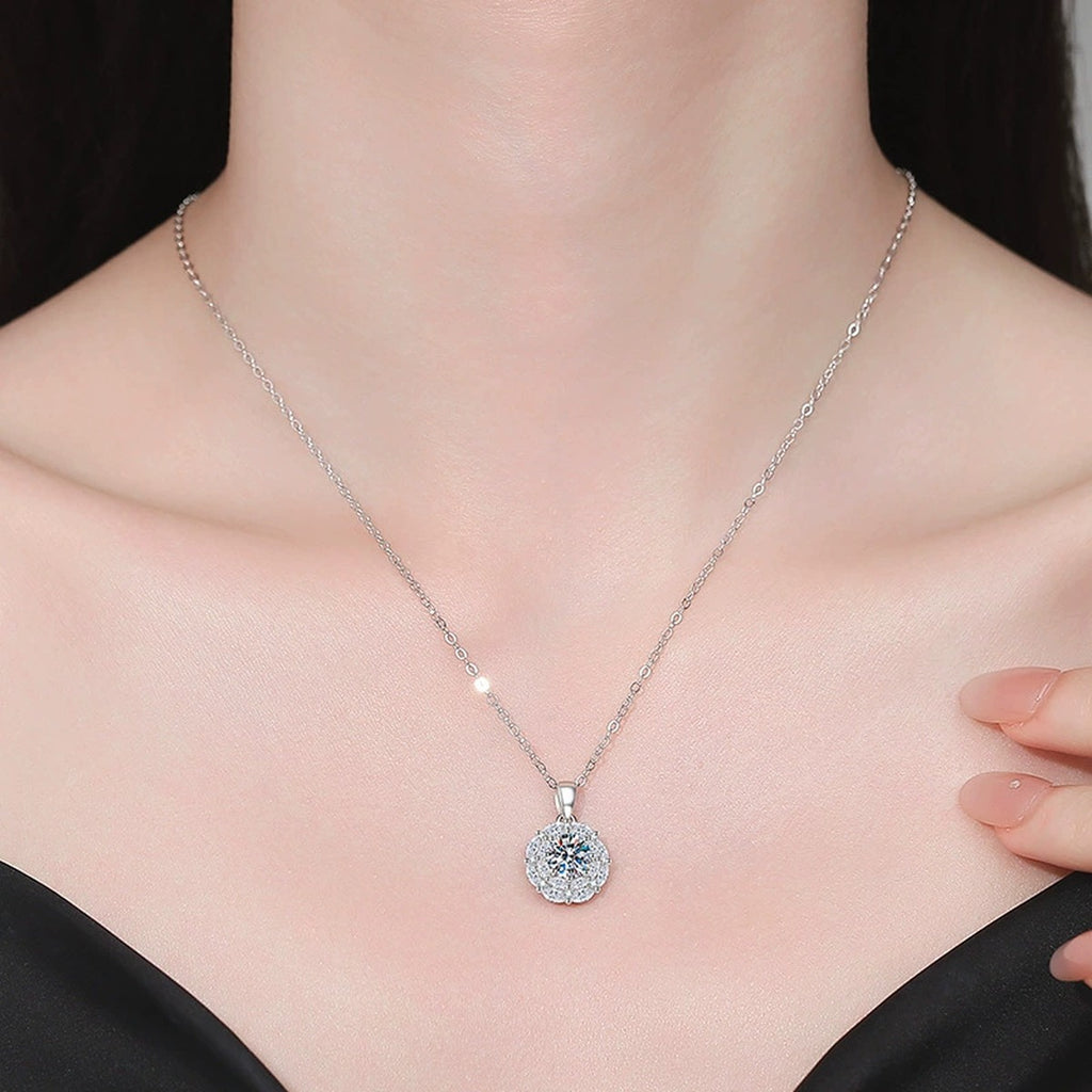 Round Moissanite Pendant Necklace with Cubic Zirconia in White Gold-Plated S925 Sterling Silver worn on neckline by model