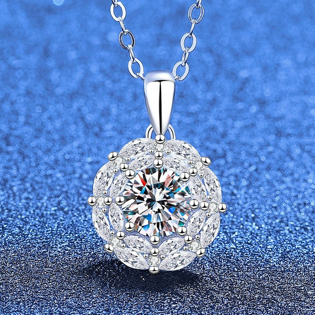 Round Moissanite Pendant Necklace with Cubic Zirconia in White Gold-Plated S925 Sterling Silver blue background product view