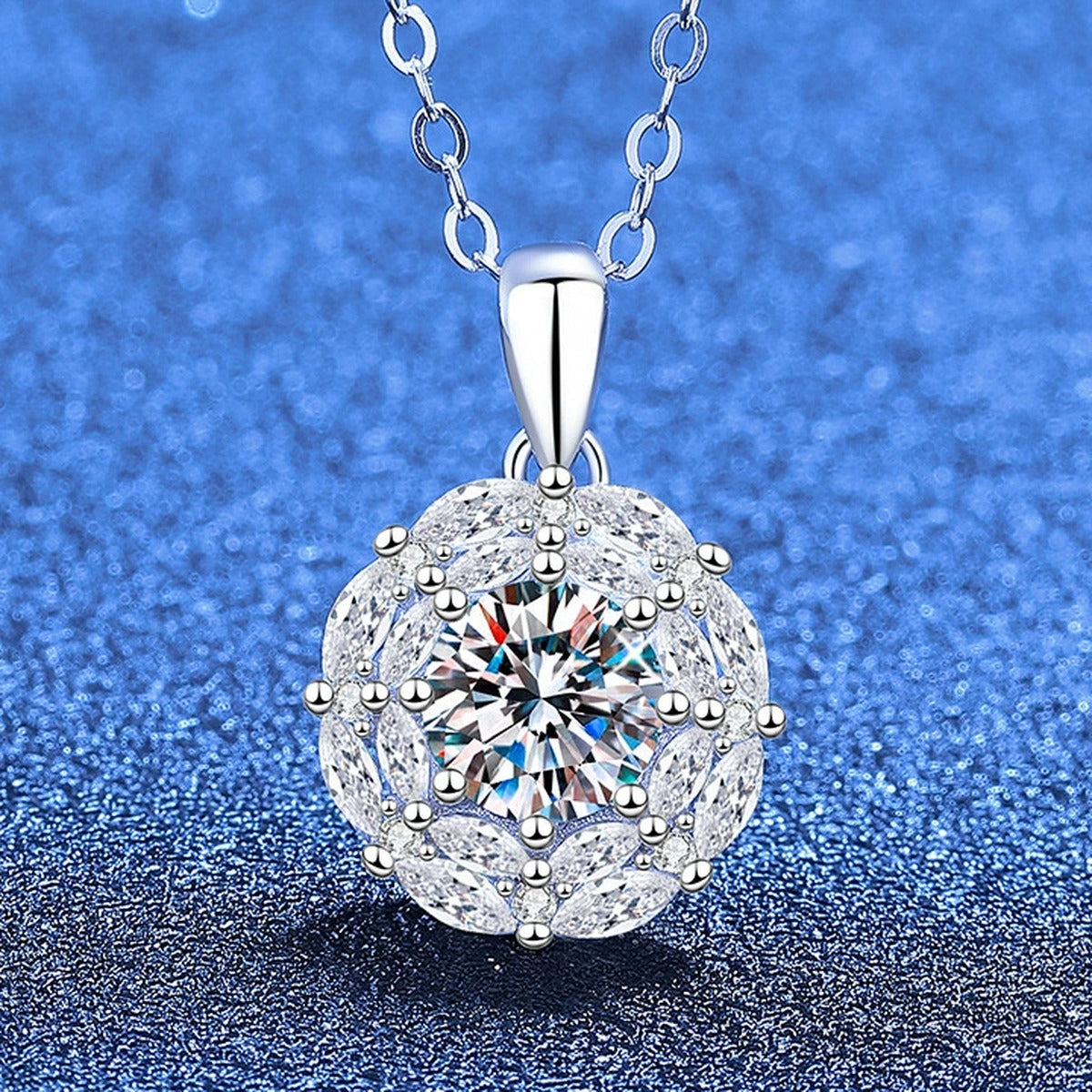 Round Moissanite Pendant Necklace with Cubic Zirconia in White Gold-Plated S925 Sterling Silver blue background product view