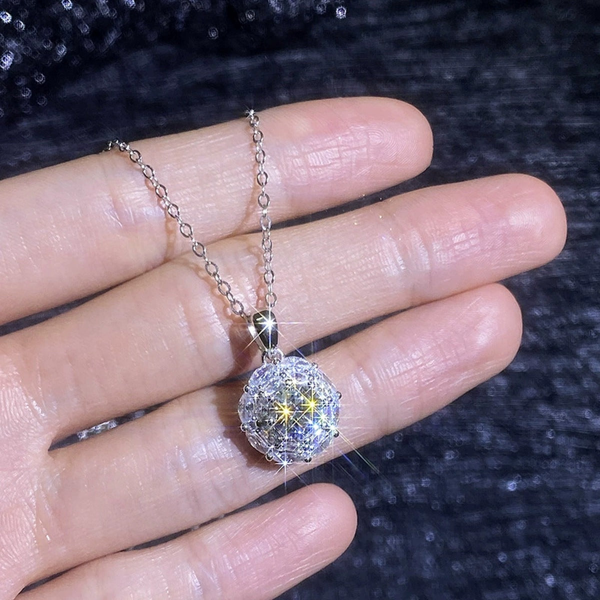 Round Moissanite Pendant Necklace with Cubic Zirconia in White Gold-Plated S925 Sterling Silver close-up product detail view
