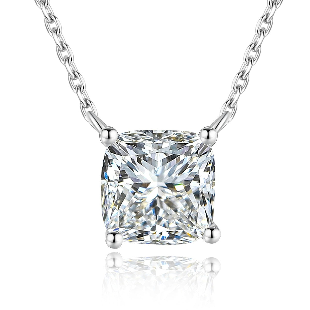 Princess Moissanite Pendant Necklace in White Gold-Plated S925 Sterling Silver on clean white background showing the princess-cut moissanite pendant in a clean white gold-plated setting