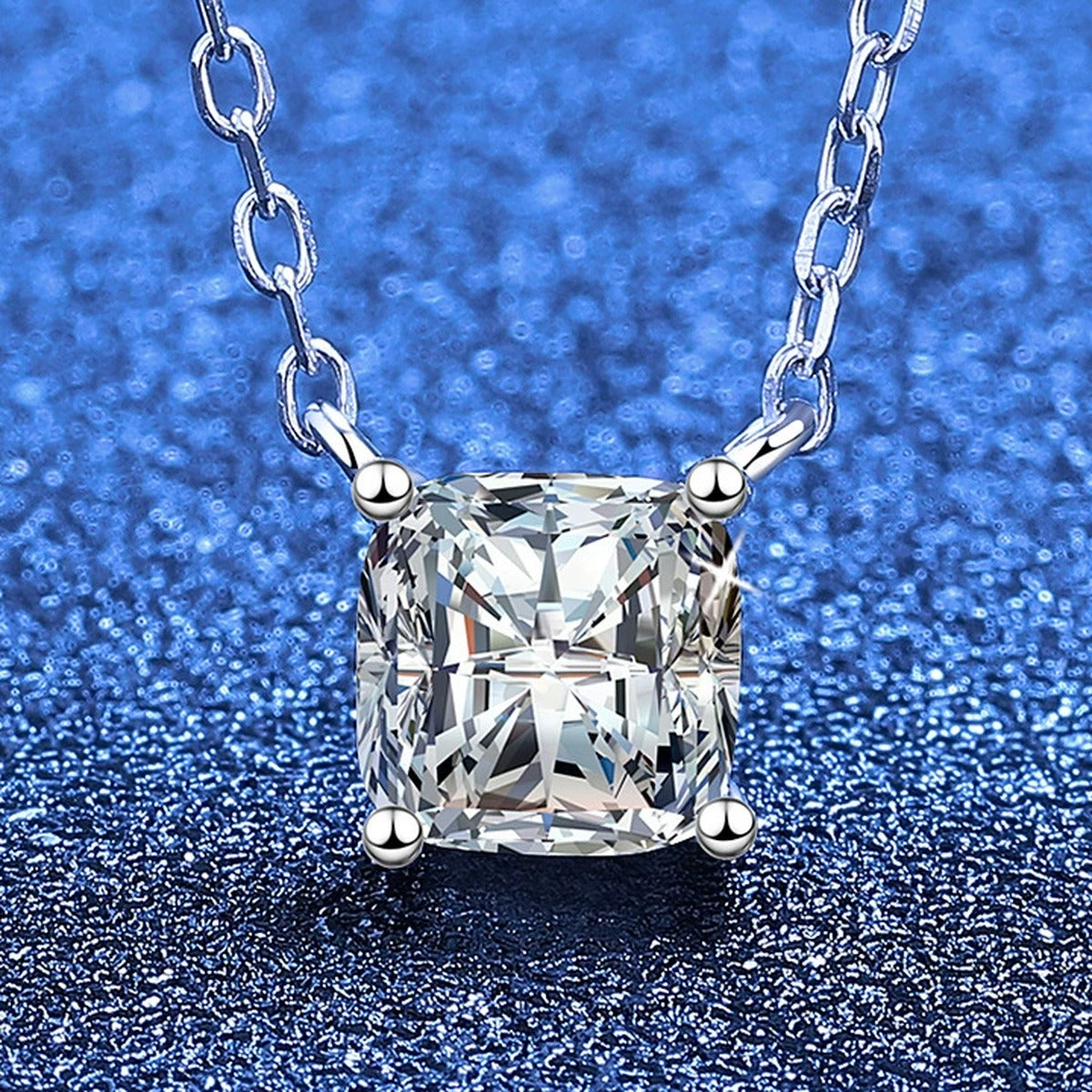Princess Moissanite Pendant Necklace in White Gold-Plated S925 Sterling Silver blue background product view