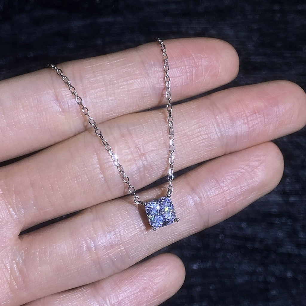 Princess Moissanite Pendant Necklace in White Gold-Plated S925 Sterling Silver dark background product display view