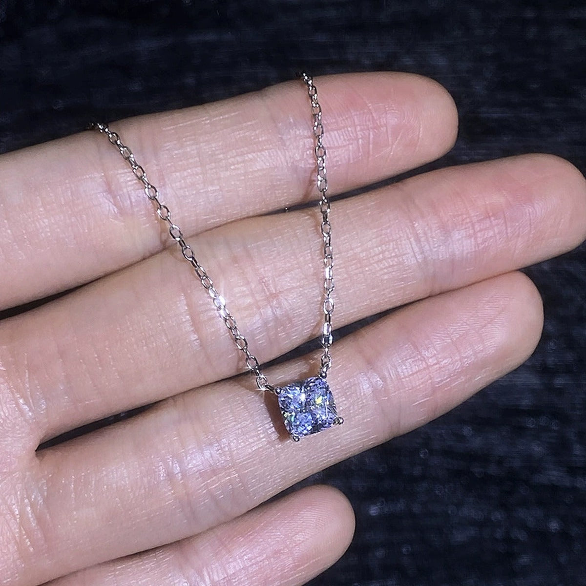Princess Moissanite Pendant Necklace in White Gold-Plated S925 Sterling Silver dark background product display view