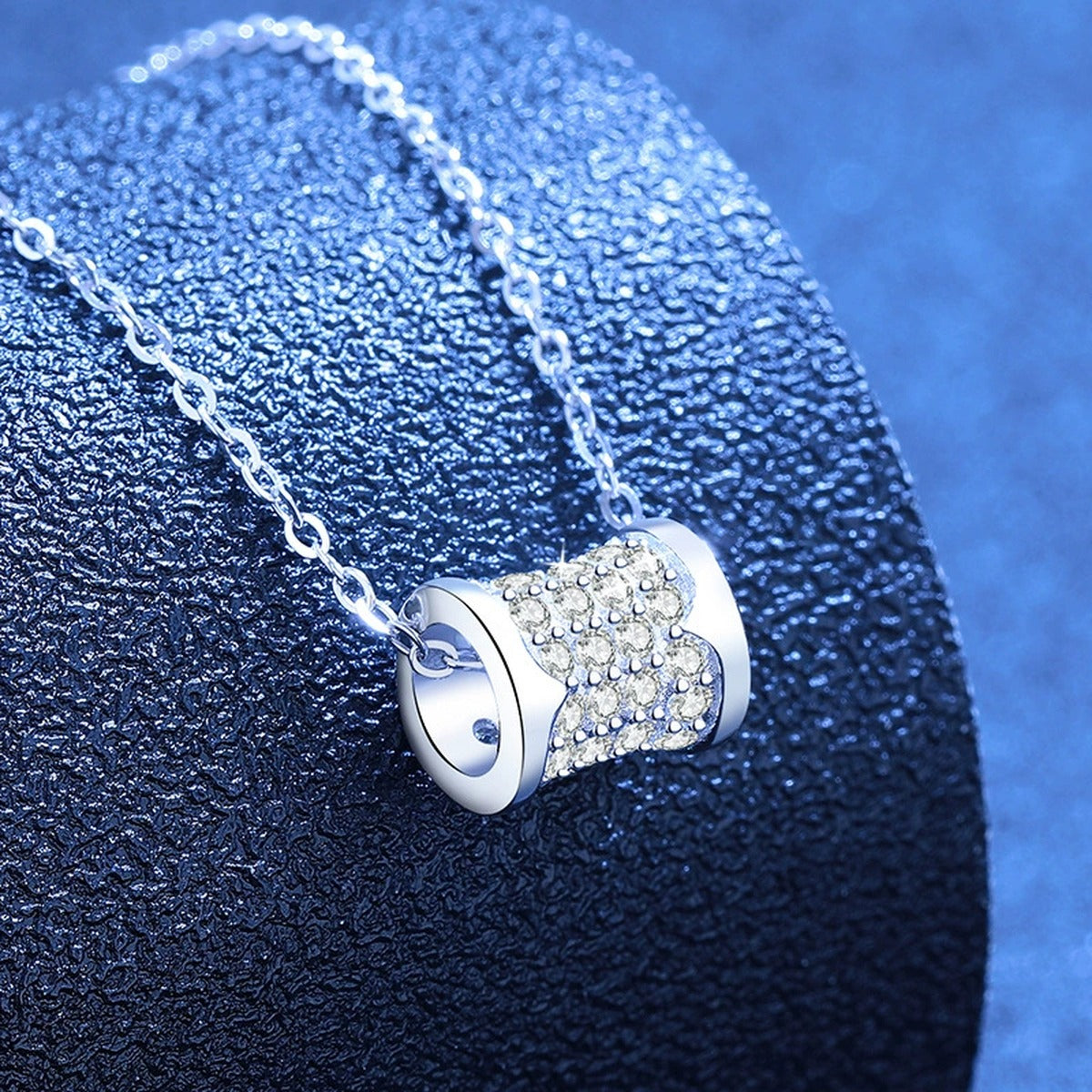 Round Moissanite Pendant Necklace in White Gold-Plated S925 Sterling Silver blue background product view