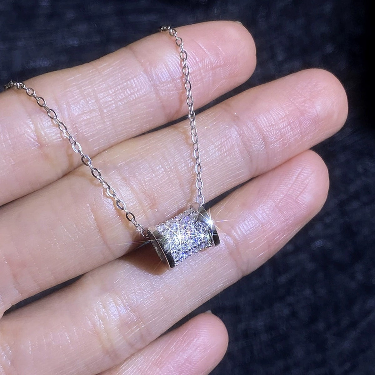 Round Moissanite Pendant Necklace in White Gold-Plated S925 Sterling Silver dark background product display view