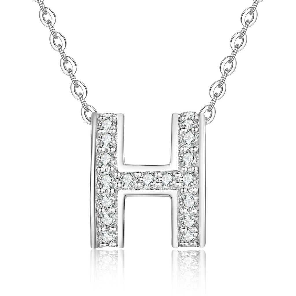Pave Letter H Moissanite Pendant Necklace in White Gold-Plated S925 Sterling Silver on clean white background showing the letter H pendant with pave moissanite detail