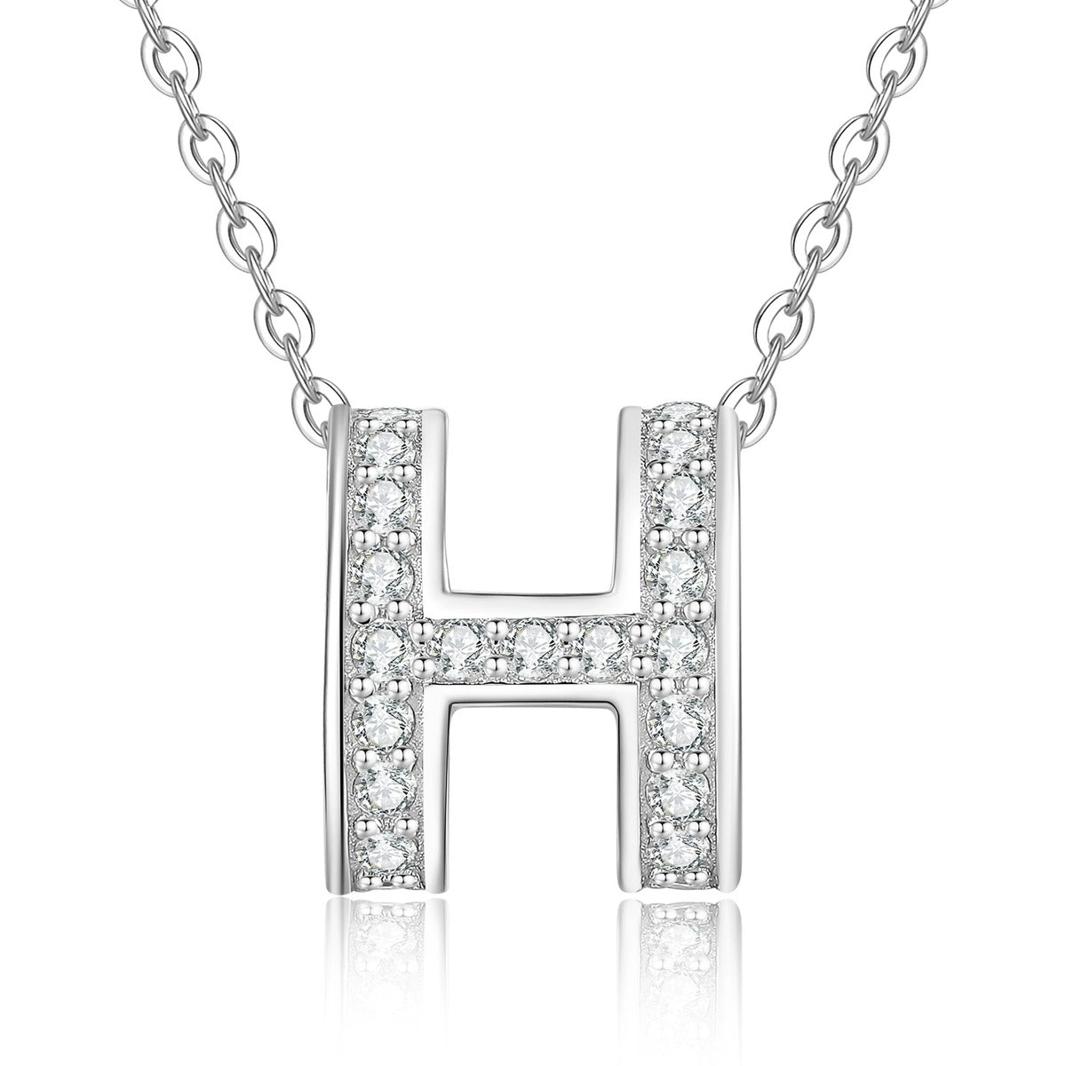 Pave Letter H Moissanite Pendant Necklace in White Gold-Plated S925 Sterling Silver on clean white background showing the letter H pendant with pave moissanite detail
