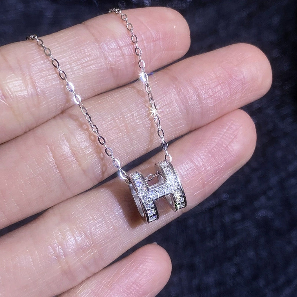 Pave Letter H Moissanite Pendant Necklace in White Gold-Plated S925 Sterling Silver close-up product detail view